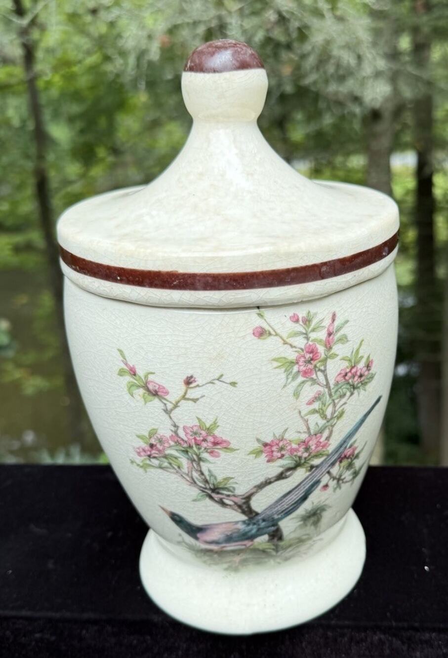 Antique Porcelain Jar & Lid With Bird & Cherry Blossom Tree Marked USA